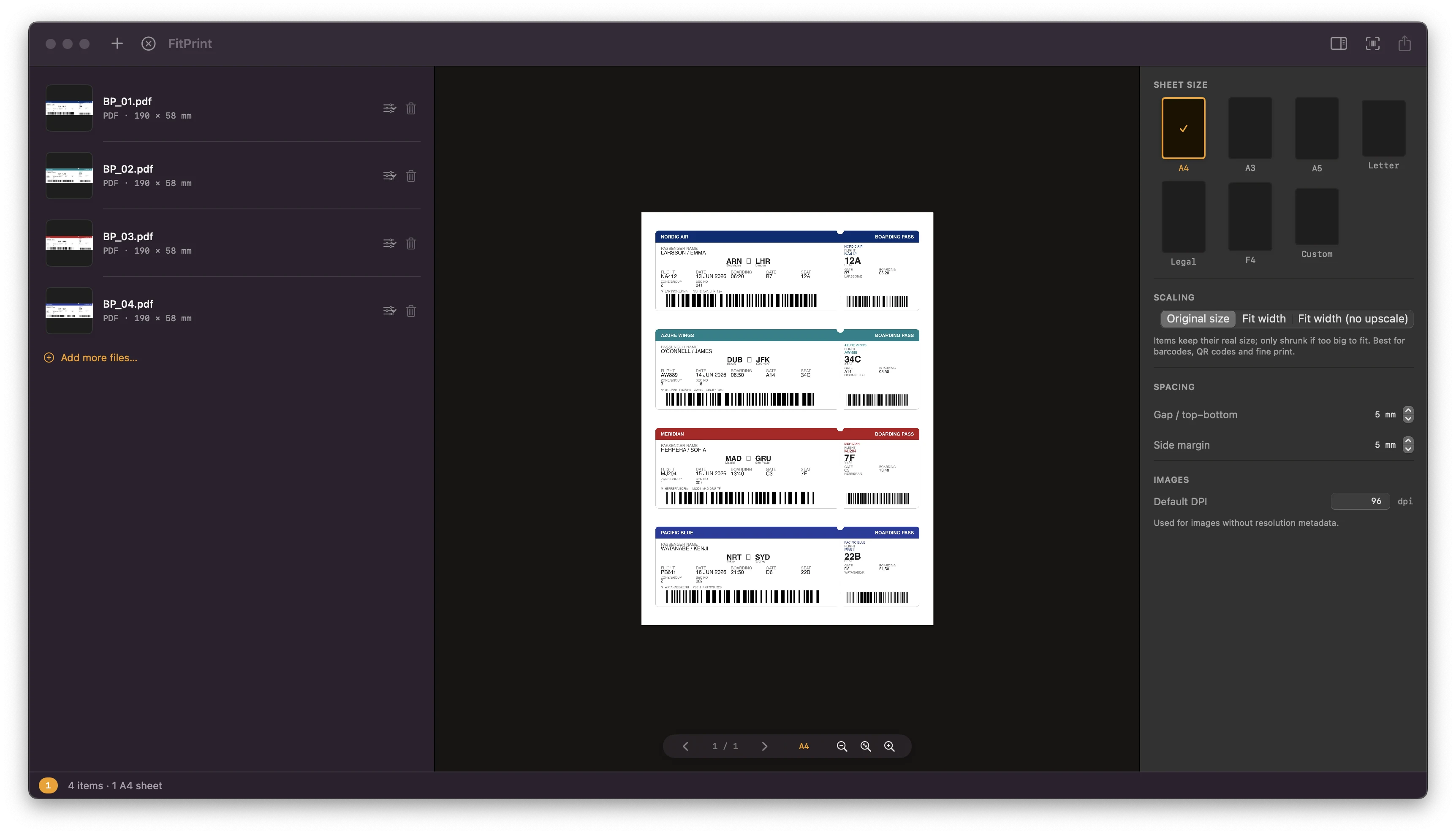 FitPrint showing four boarding passes packed on one A4 sheet.